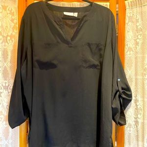 Stretch Woven Split Neck Tunic with Roll Tab Sleeves